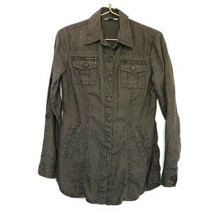 CAbi Shacket Utility Shirt Jacket S 100% Linen Brown Button Down Tab Sleeves